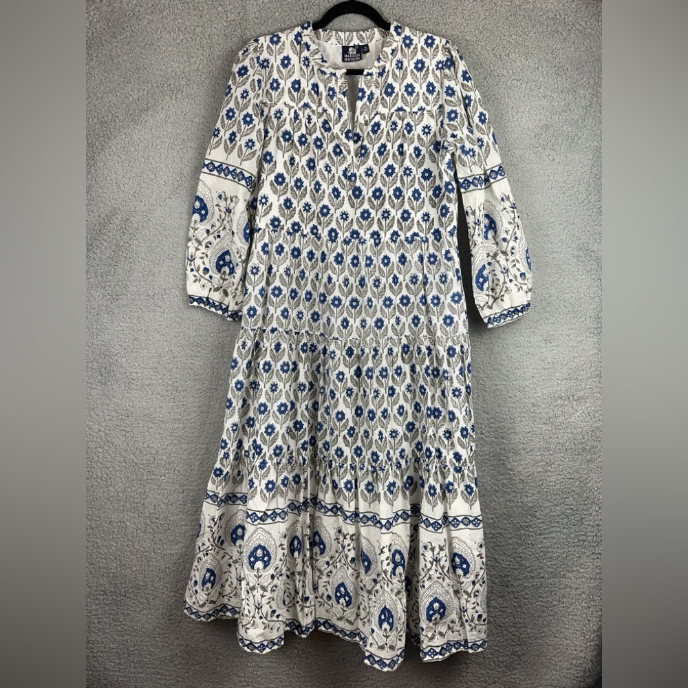 Madison Mathews Maxi Dress Womens Medium Blue/White Floral ¾ sleeves